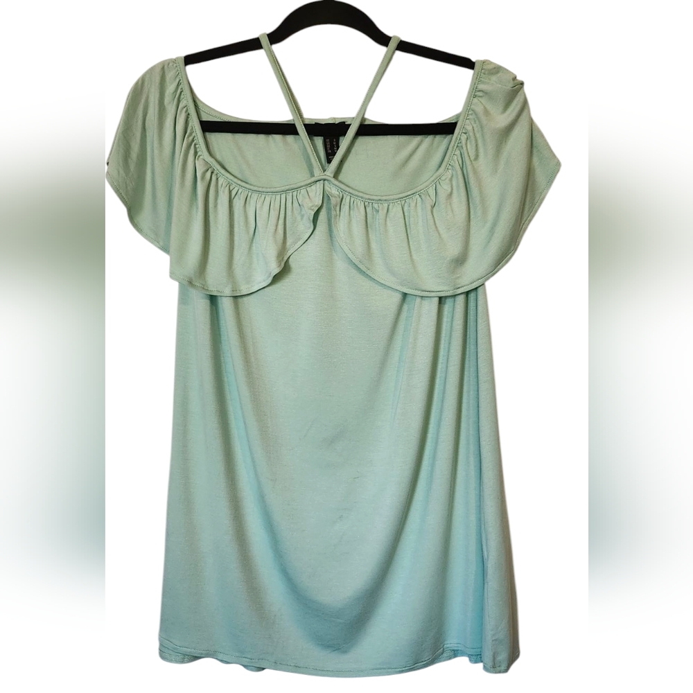 CLOSET CLEAROUT Du Jour Off-Shoulder Sea Foam Green Top Blouse Shirt, Size Small